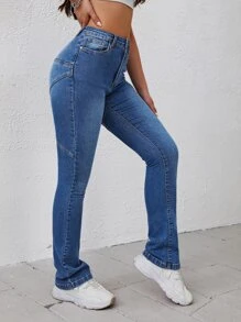 SHEIN EZwear Bleach Wash Flare Leg Jeans - Medium Wash - View 4