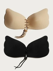 2packs Grommet Lace Up Drawstring Design Self Adhesive Bra - Multicolor - View 2