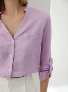 MOTF PREMIUM 100% LINEN ROLL-UP SLEEVE BLOUSE - Lilac Purple - View 4