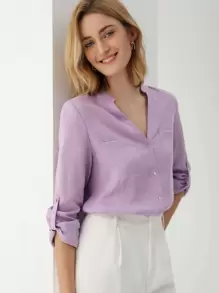 MOTF PREMIUM 100% LINEN ROLL-UP SLEEVE BLOUSE - Lilac Purple - View 2