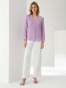 MOTF PREMIUM 100% LINEN ROLL-UP SLEEVE BLOUSE - Lilac Purple - View 9