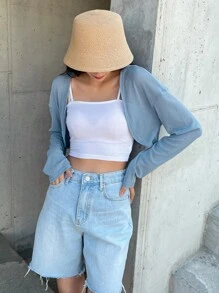 DAZY 垂墜肩開衩前短款上衣,不含背心 - 藍色 - 查看 4