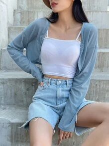DAZY 垂墜肩開衩前短款上衣,不含背心 - 藍色 - 查看 5