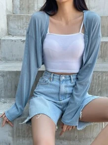 DAZY 垂墜肩開衩前短款上衣,不含背心 - 藍色 - 查看 7