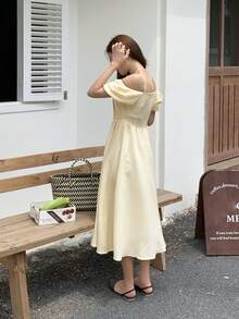 Solid Puff Sleeve Flare Dress - Apricot - View 2
