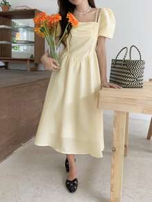 Solid Puff Sleeve Flare Dress - Apricot - View 3