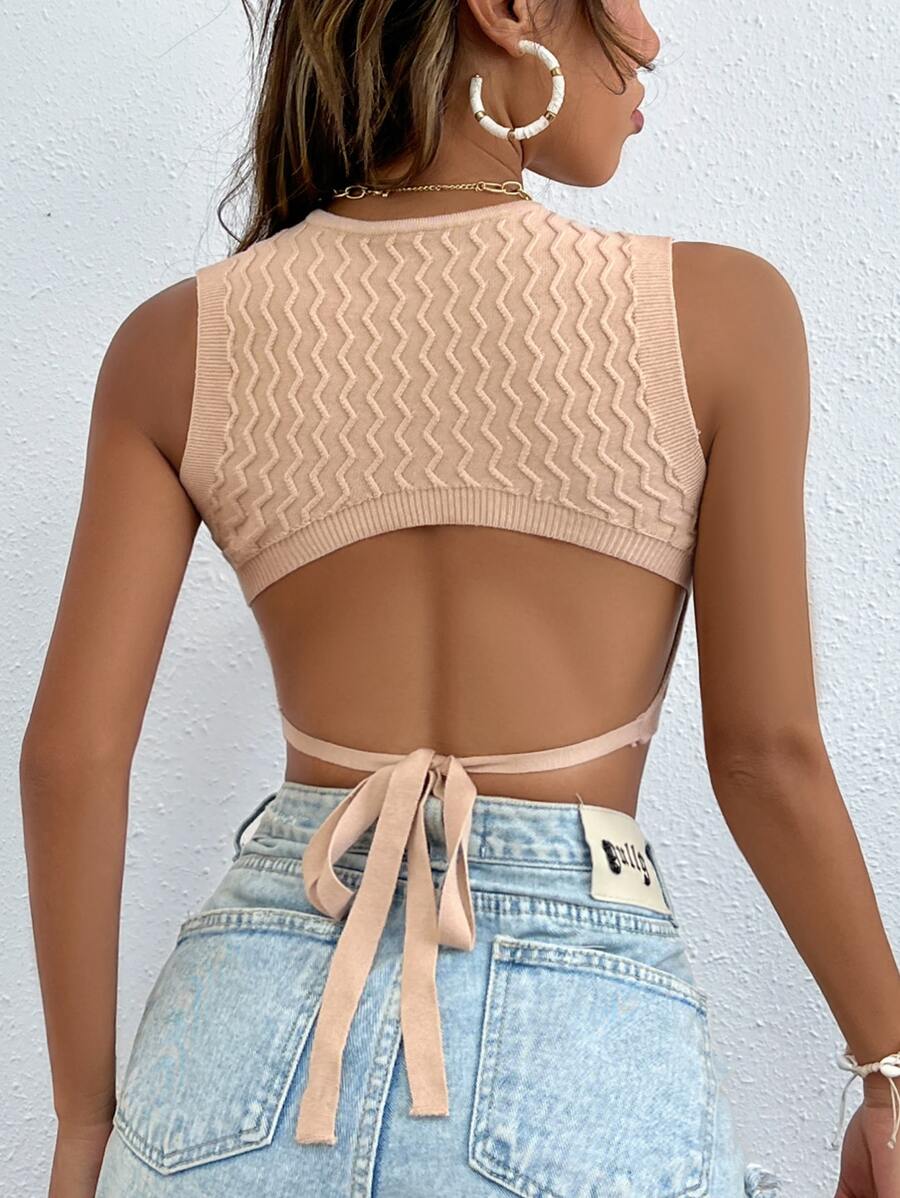 SHEIN Essnce Tie Back Chevron Knit Top - Apricot - View 1
