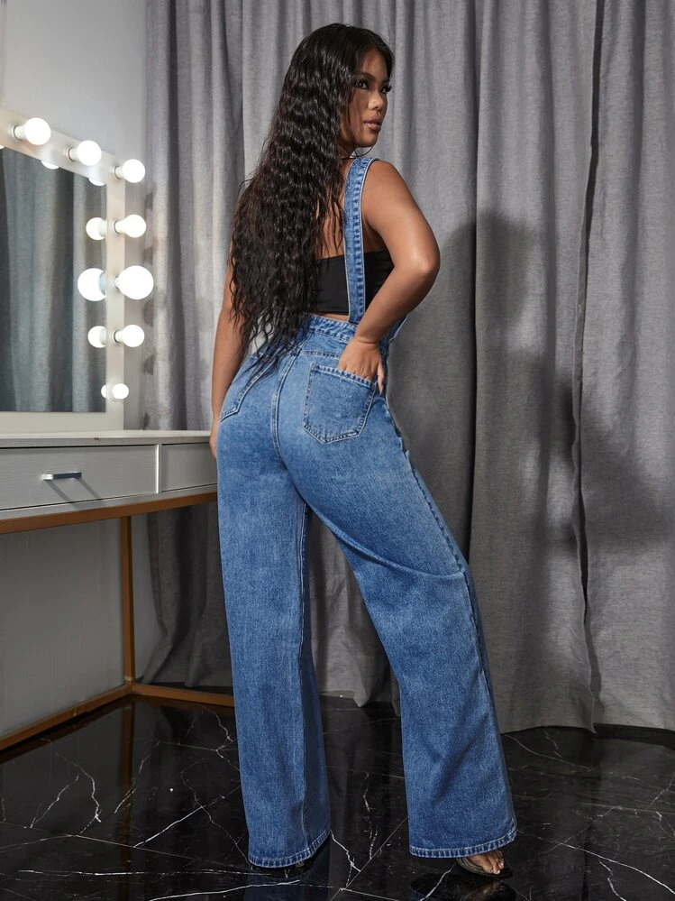 SHEIN SXY Kangaroo Pocket Washed Denim Overalls | SHEIN USA