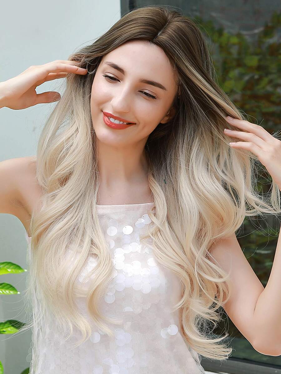 Haircube Tóc giả chịu nhiệt tổng hợp 26 inch màu nâu gradient vàng nhạt tóc dài xoăn, tóc giả nữ thời trang đẹp và thanh lịch - Nhiều màu - Xem 1