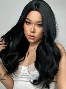 HAIRCUBE 30 英寸长黑色卷发假发，浪漫美丽的合成假发中分假发，适合日常佩戴，优雅迷人的假发，适合圣诞节和日常佩戴 - 黑色 - 查看 2