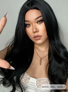 HAIRCUBE 30 英寸长黑色卷发假发，浪漫美丽的合成假发中分假发，适合日常佩戴，优雅迷人的假发，适合圣诞节和日常佩戴 - 黑色 - 查看 4