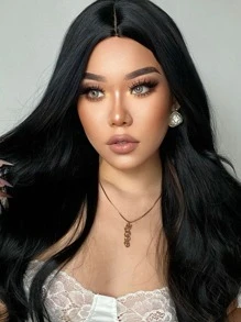 HAIRCUBE 30 英寸长黑色卷发假发，浪漫美丽的合成假发中分假发，适合日常佩戴，优雅迷人的假发，适合圣诞节和日常佩戴 - 黑色 - 查看 5