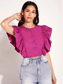 SHEIN Privé 荷葉邊前紐扣短款襯衫 - 中紫紅色 - 查看 1