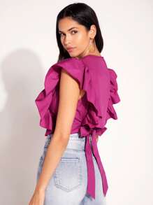 SHEIN Privé 荷葉邊前紐扣短款襯衫 - 中紫紅色 - 查看 4