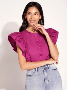 SHEIN Privé 荷葉邊前紐扣短款襯衫 - 中紫紅色 - 查看 5