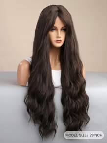 HAIRCUBE 28 英寸深棕色女士假发，浪漫优雅合成耐热假发，带刘海，长款自然波浪假发 - 棕色 - 查看 5