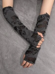 1pair Women's Distressed Long Fingerless Gloves For Everyday And Party Use Halloween - Grey - View 1