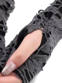 1pair Women's Distressed Long Fingerless Gloves For Everyday And Party Use Halloween - Grey - View 5