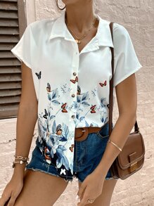 SHEIN LUNE Butterfly & Floral Print Batwing Sleeve Shirt - White - View 1