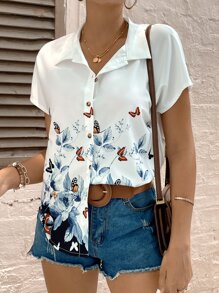 SHEIN LUNE Butterfly & Floral Print Batwing Sleeve Shirt - White - View 4