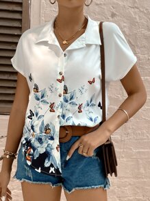 SHEIN LUNE Butterfly & Floral Print Batwing Sleeve Shirt - White - View 5