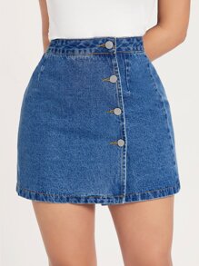 SHEIN PETITE 高腰前紐扣牛仔半身裙 - 中等水洗藍 - 查看 1
