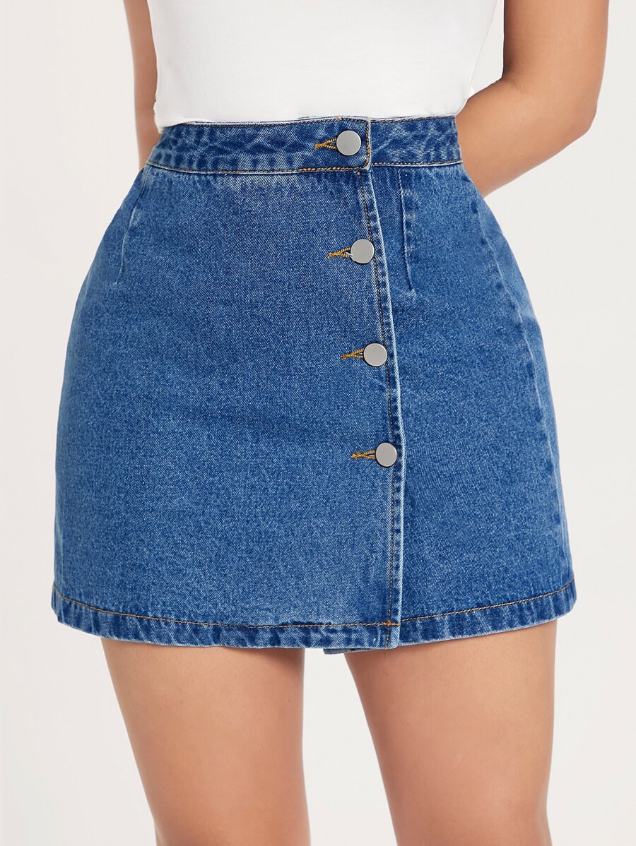 SHEIN PETITE 高腰前紐扣牛仔半身裙 - 中等水洗藍 - 查看 1