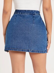 SHEIN PETITE 高腰前紐扣牛仔半身裙 - 中等水洗藍 - 查看 2