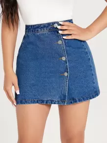 SHEIN PETITE 高腰前紐扣牛仔半身裙 - 中等水洗藍 - 查看 3