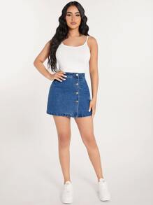 SHEIN PETITE 高腰前紐扣牛仔半身裙 - 中等水洗藍 - 查看 4