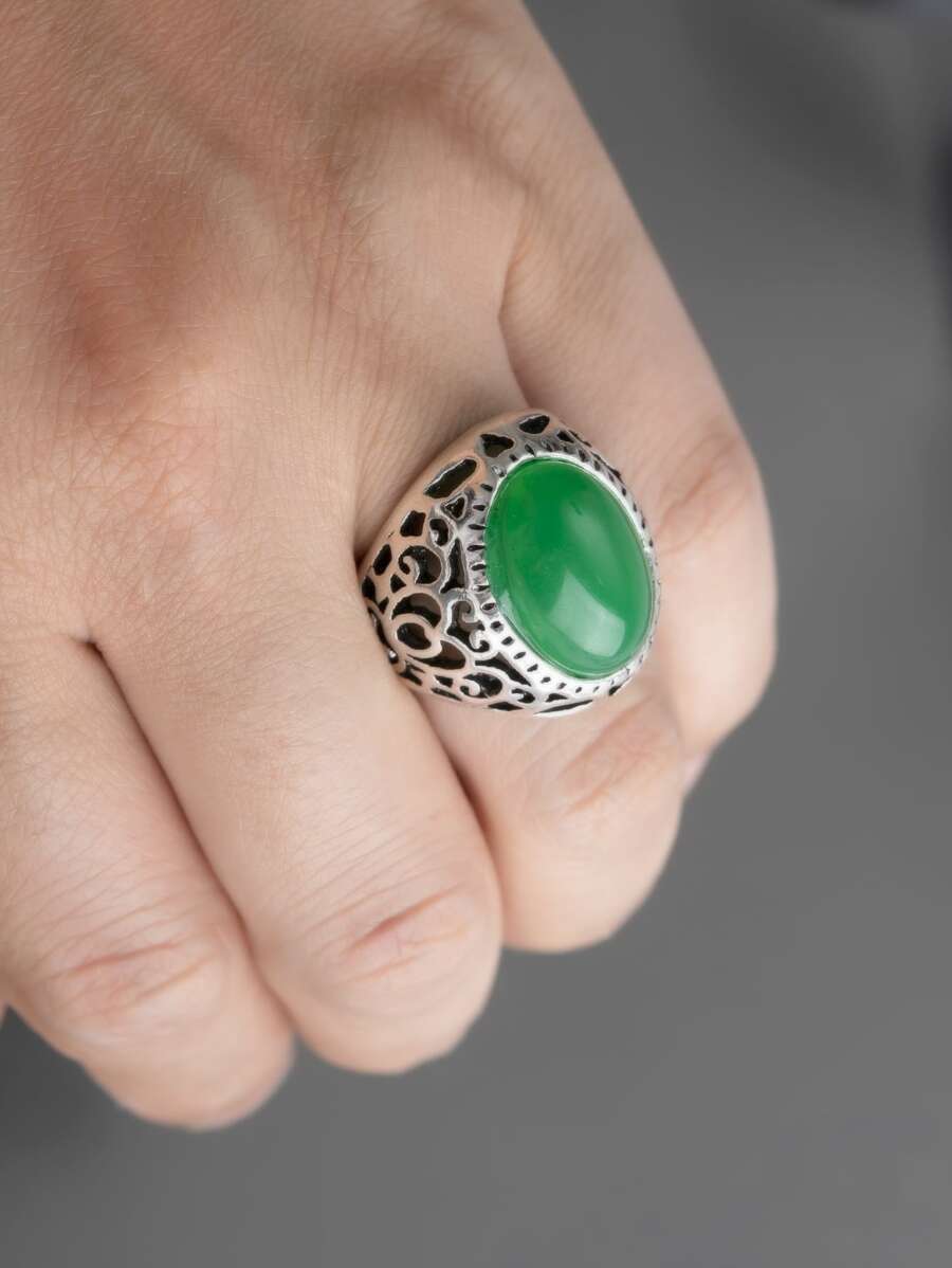 Hombres Anillo metálico con diseño de oval con textura - Multicolor - Ver 1