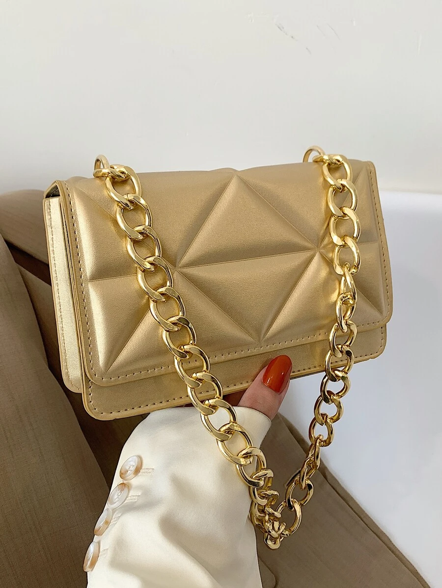 Metallic Quilted Snap Button Square Bag - Gold - View 1