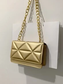 Metallic Quilted Snap Button Square Bag - Gold - View 5