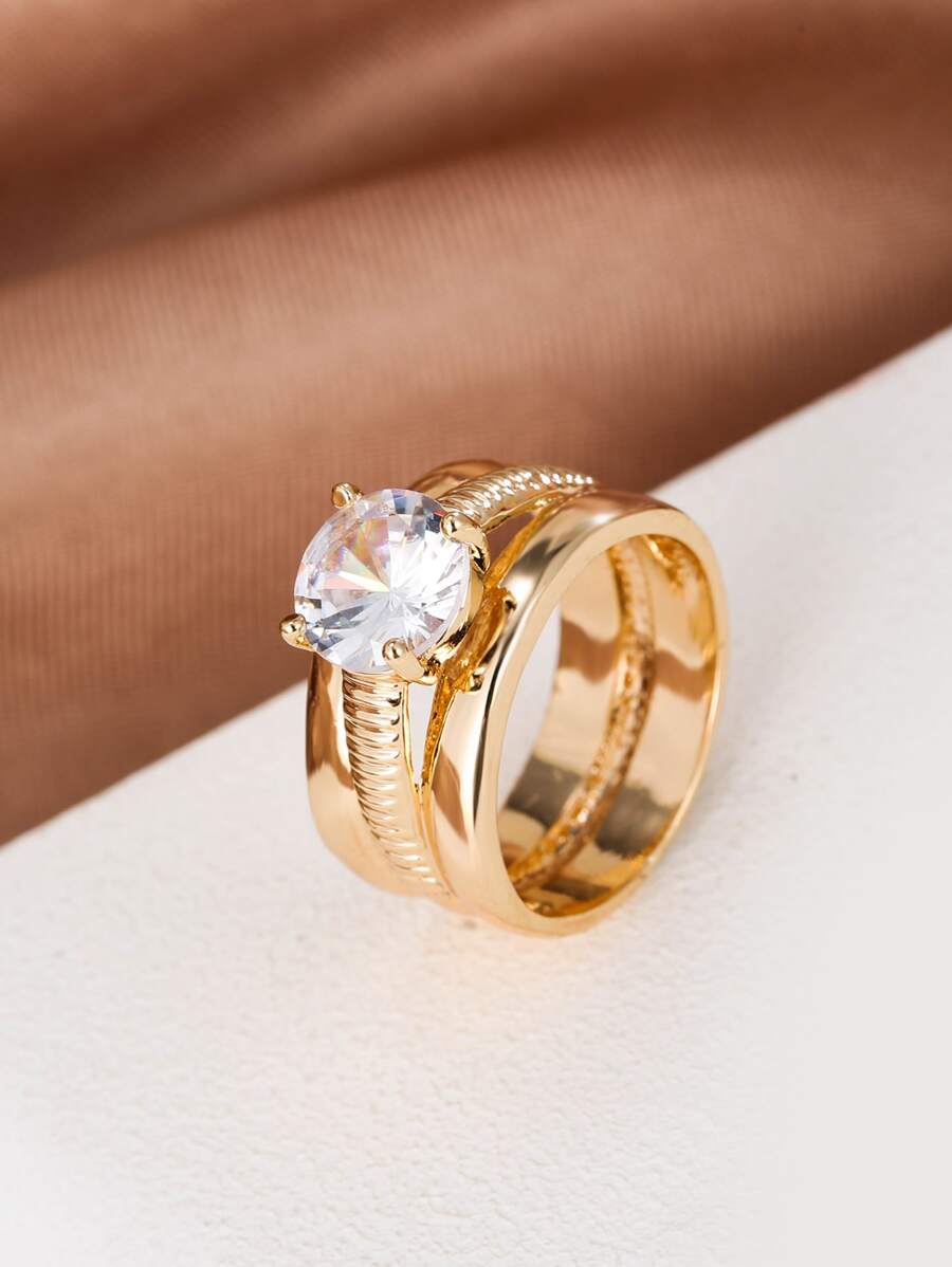 Cubic Zirconia Decor Ring - Yellow Gold - View 1