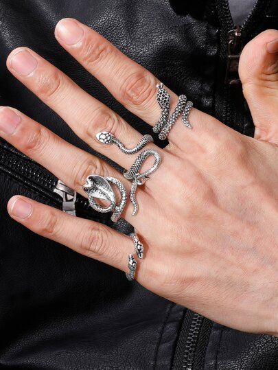 Fashionable and Popular 4pcs Men Snake Design Wrap Ring Stainless Steel for Vacation and for a Stylish Look