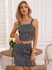 滿版幾何圖案吊帶上衣和前扭結半身裙 - 黑與白 - 查看 3