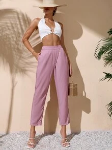 High Waist Slant Pocket Tapered Trousers - Dusty Pink - View 2