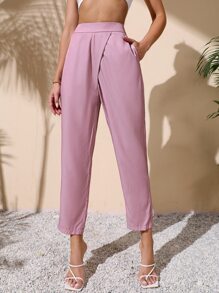 High Waist Slant Pocket Tapered Trousers - Dusty Pink - View 1
