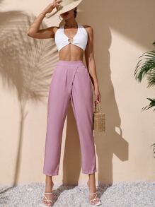 High Waist Slant Pocket Tapered Trousers - Dusty Pink - View 5