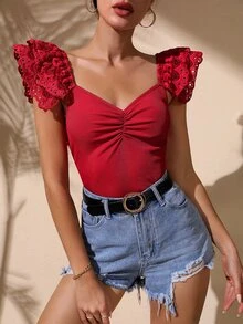 Top tejido de canalé con encaje en contraste de manga con volante escote corazón fruncido - Rosa Roja - Ver 2