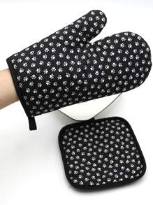 2pcs Paw Print Oven Mitt & Insulation Pad Set - Black and White - View 1