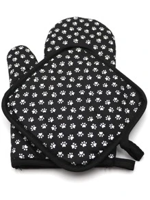 2pcs Paw Print Oven Mitt & Insulation Pad Set - Black and White - View 3