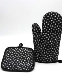 2pcs Paw Print Oven Mitt & Insulation Pad Set - Black and White - View 4