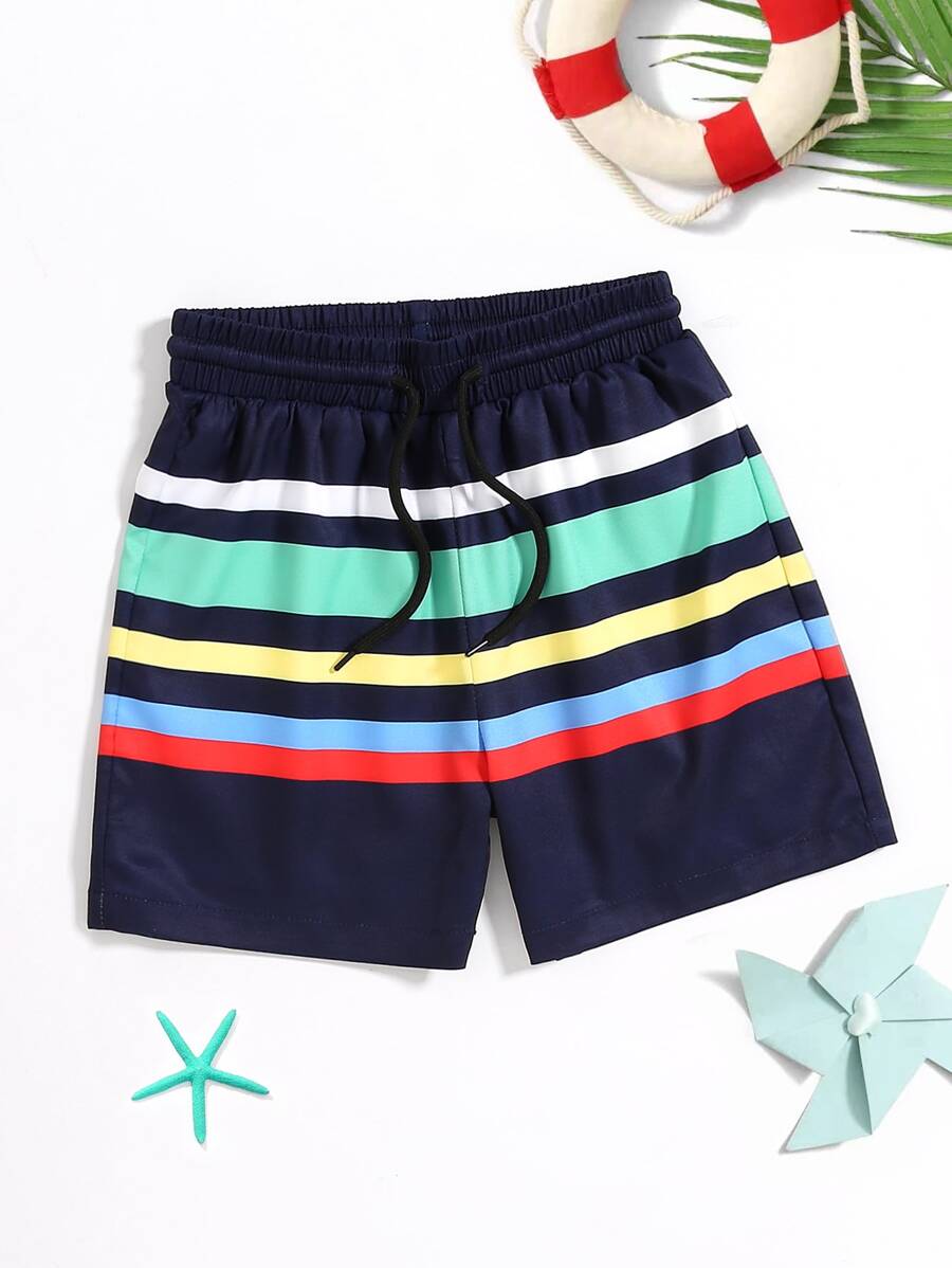 Young Boy Summer Beach Loose Colorful Striped Asymmetrical Patchwork Shorts - Multicolor - View 1