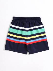 Young Boy Summer Beach Loose Colorful Striped Asymmetrical Patchwork Shorts - Multicolor - View 2