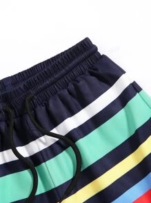 Young Boy Summer Beach Loose Colorful Striped Asymmetrical Patchwork Shorts - Multicolor - View 4