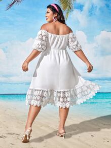 SHEIN VCAY Plus Contrast Guipure Lace Tie Front Off Shoulder Ruffle Hem Dress - White - View 3