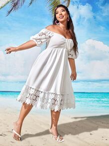 SHEIN VCAY Plus Contrast Guipure Lace Tie Front Off Shoulder Ruffle Hem Dress - White - View 1