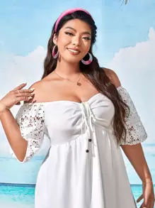 SHEIN VCAY Plus Contrast Guipure Lace Tie Front Off Shoulder Ruffle Hem Dress - White - View 4