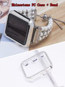 2pcs Faux Pearl Decor Watchband & Case Compatible With Apple Watch - Silver - View 2